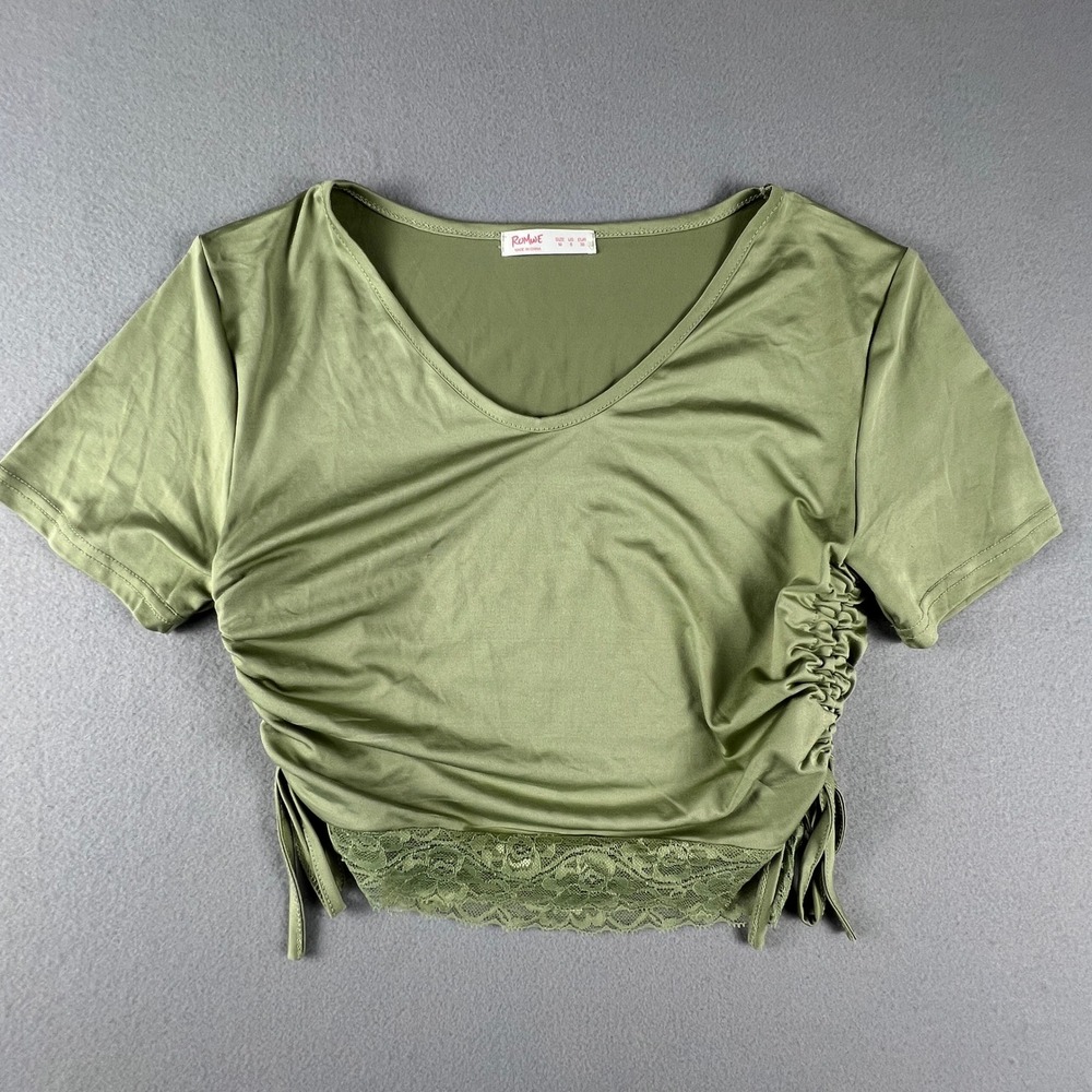 Romwe Crop Top Womens Medium Green Ruched Side Lace Trim V-Neck Casual Boho